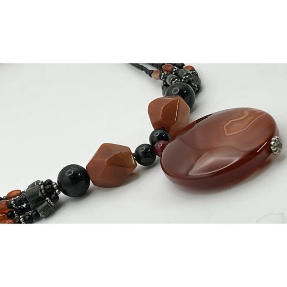 Agate Gemstone Disc Pendant Necklace Multi Strand Stone Beads Orange Brown Black - Picture 6 of 16